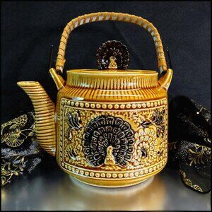 1960s Peacock Bird Vintage Teapot Honey Glass w Rattan Handle